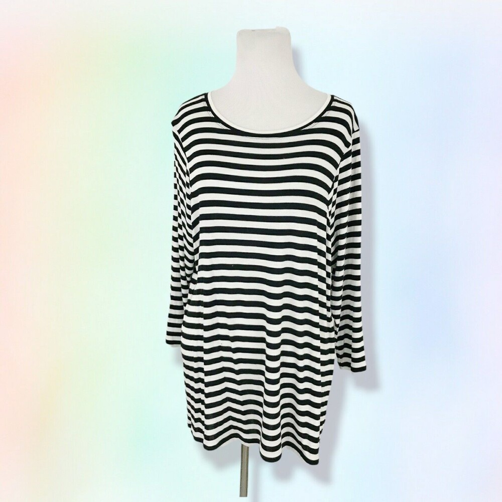 CAbi 5188 Shirt S Black White Striped Bistro Tee Soft‎ Jersey Top 3/4 sleeves